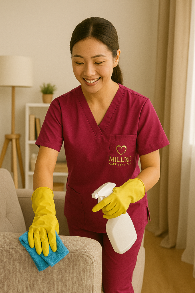 MiLuxe caregiver helping with light household tasks such as cleaning and tidying.
