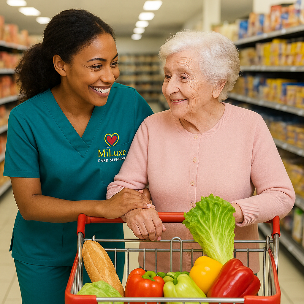 MiLuxe caregiver accompanying a client safely to an appointment outside the home.
