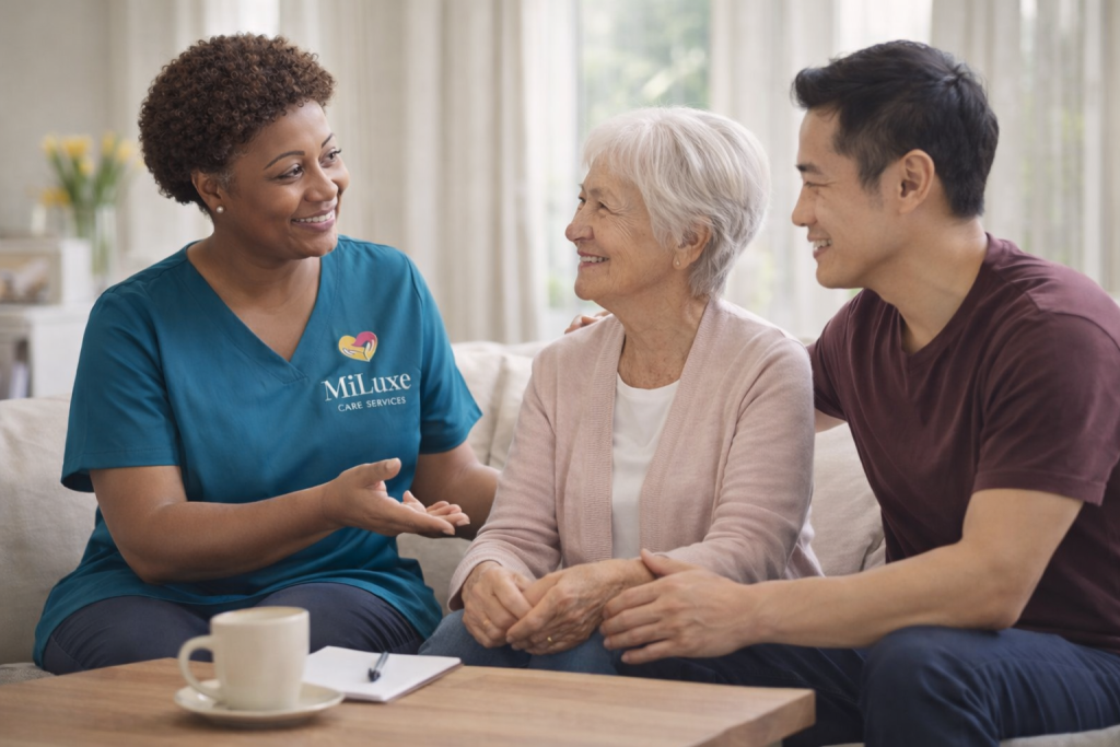 MiLuxe caregiver talking with a family member about arranging care support at home.
