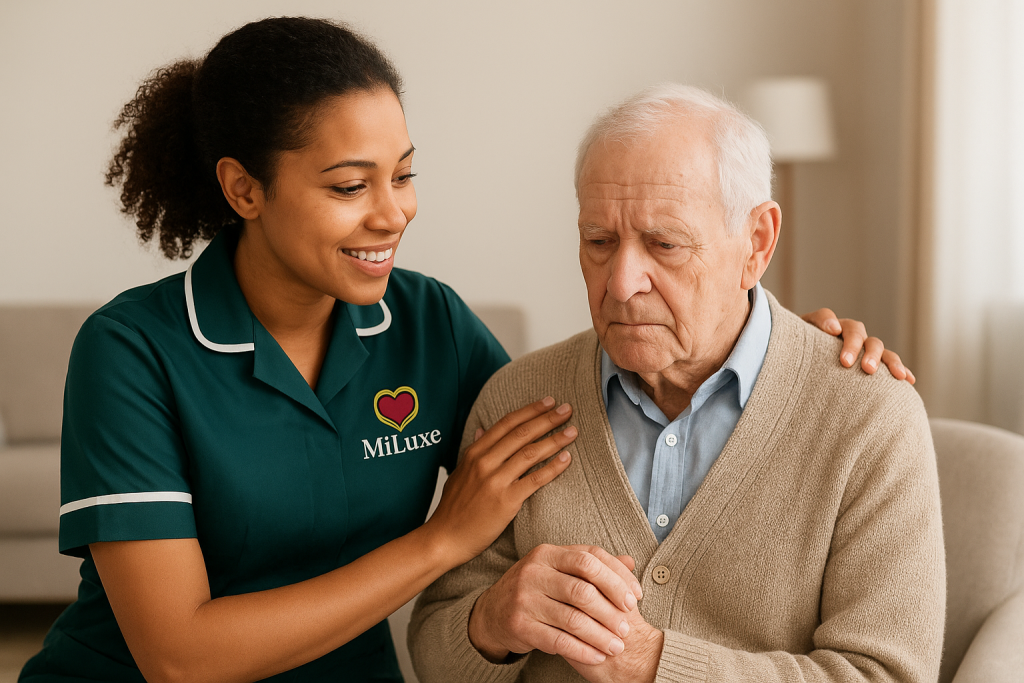 MiLuxe carer supporting and reassuring an elderly man at home.

