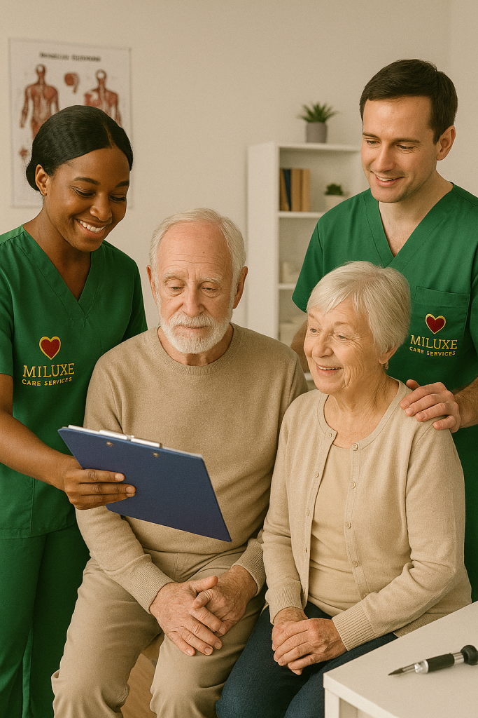 MiLuxe caregiver accompanying a client safely to an appointment outside the home.
